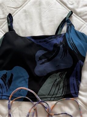 POP Fit Black Crop Tank with Blue & Teal Abstract Print